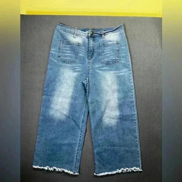 Mark Blue Denim Wide Leg Capri Jeans Womens 8 Stretch Distressed Y2K 90s 0945 - Picture 1 of 7